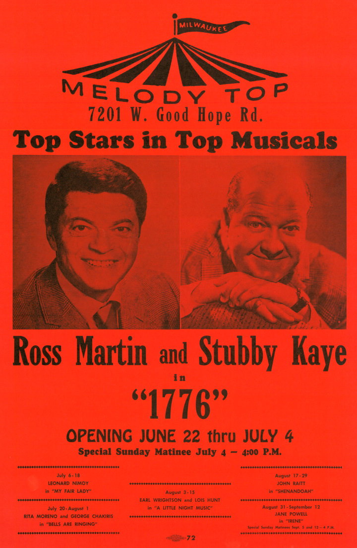 Window card for 1776 at Melody Top Theater.